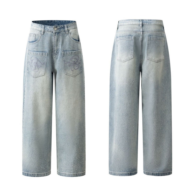 Baggy Denim Jeans Men – Rhinestone Scatter & Dragon Embroidery Wide-Leg Straight