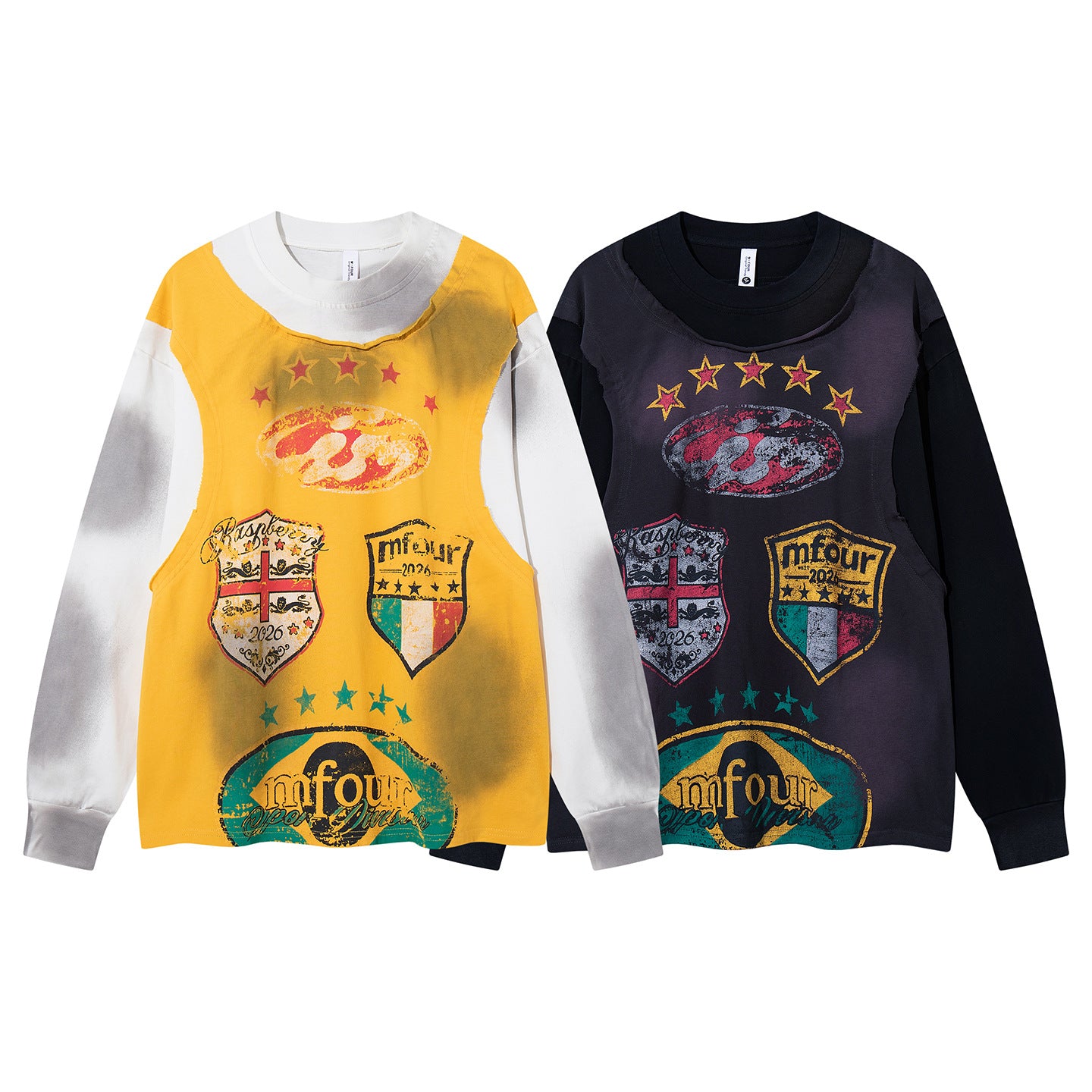 Tee-shirt graphique à manches longues imitation deux pièces – Imprimé écusson rétro streetwear