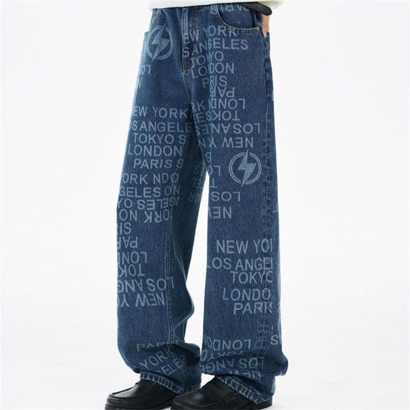 Men's Wide Straight-Leg Jeans – Allover City Names & Lightning Bolt Print