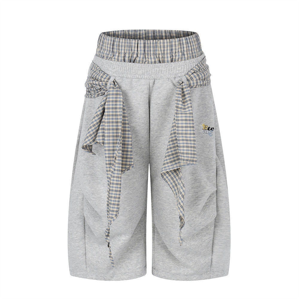 Fake Two-Piece Plaid Splice Double Waistband Shorts – Men's Loose Fit Street Sty