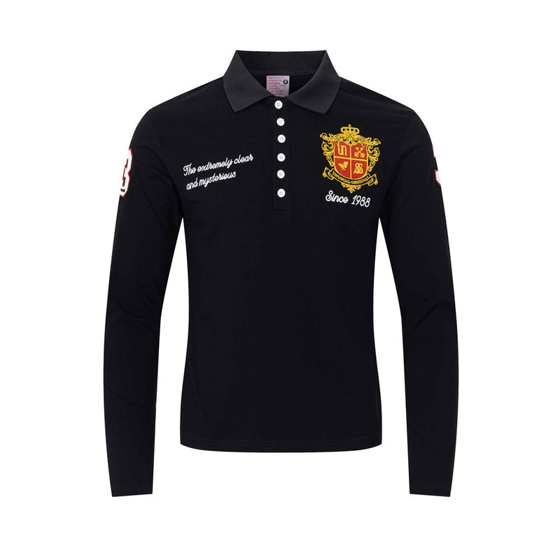 Men's long sleeve polo shirt with embroidered heraldic crest badge in black, front view