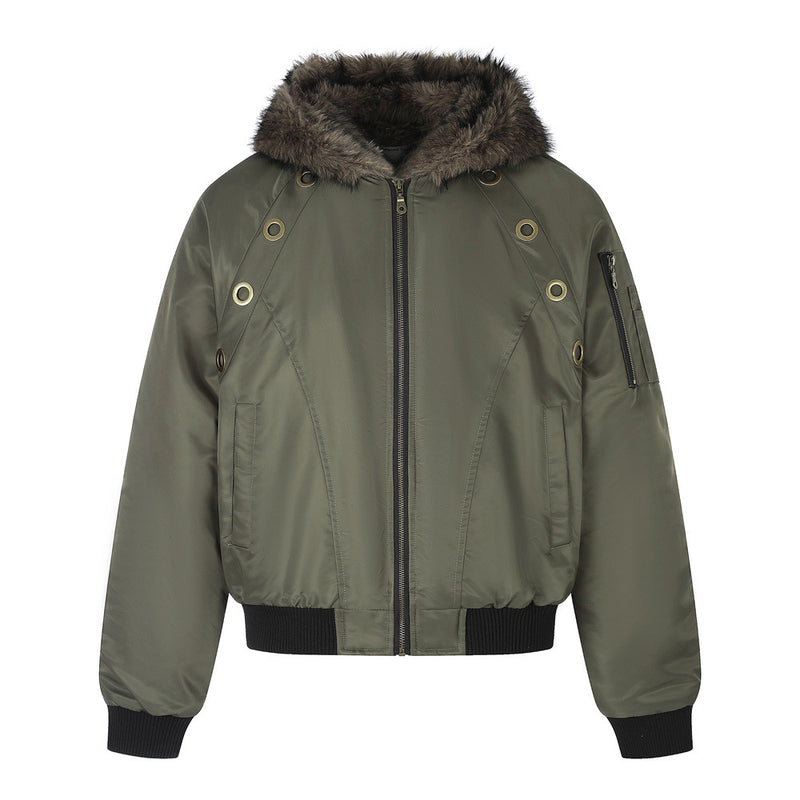 Faux Fur Hood Bomber Jacket – Metal Eyelet Detail Men's Winter Padded Flight