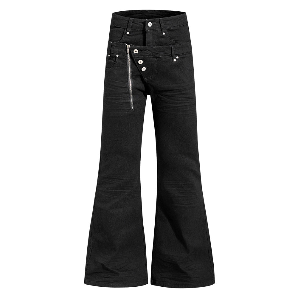 Men's Black Double Waistband Bell Bottom Flare Jeans with Diagonal Zipper
