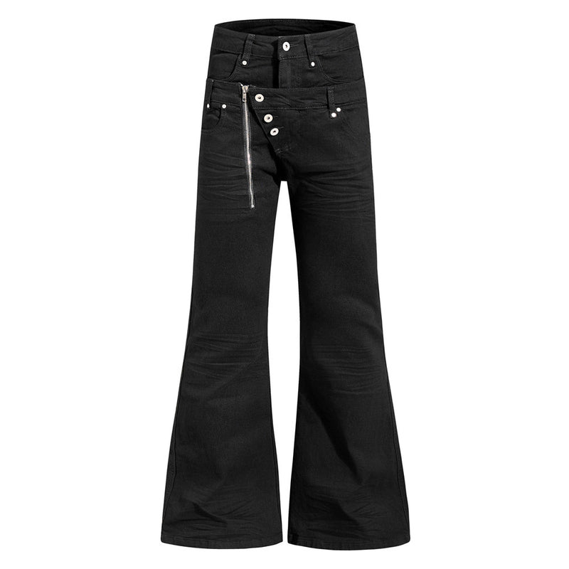 Men's Black Double Waistband Bell Bottom Flare Jeans with Diagonal Zipper