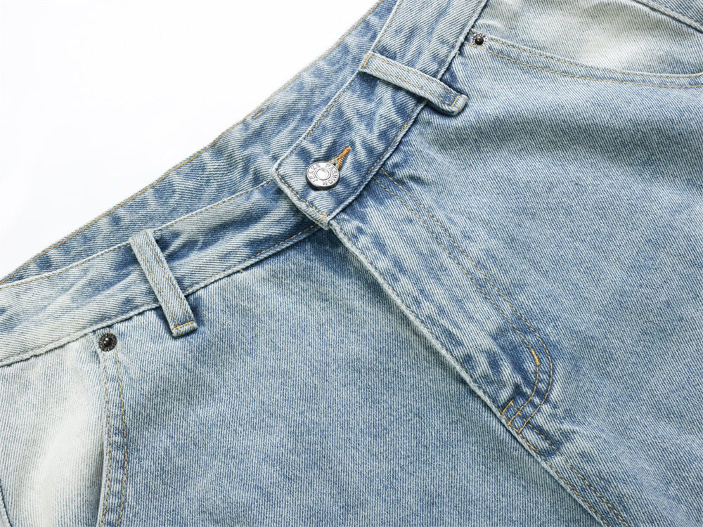 Wide-Leg Baggy Jeans – Men's Vintage Washed Light Blue Curved Hem Denim