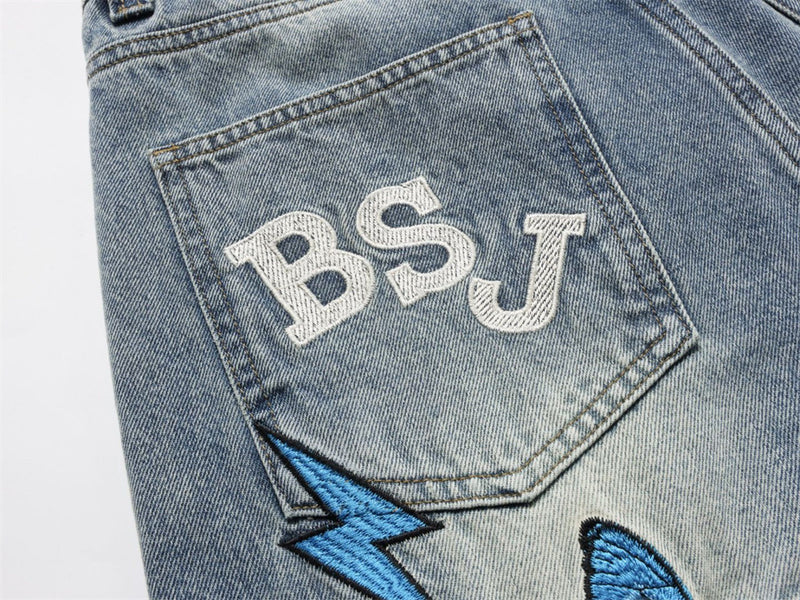Wide-Leg Jeans with Embroidered Patches – Stars, Butterflies & Roses on Washed