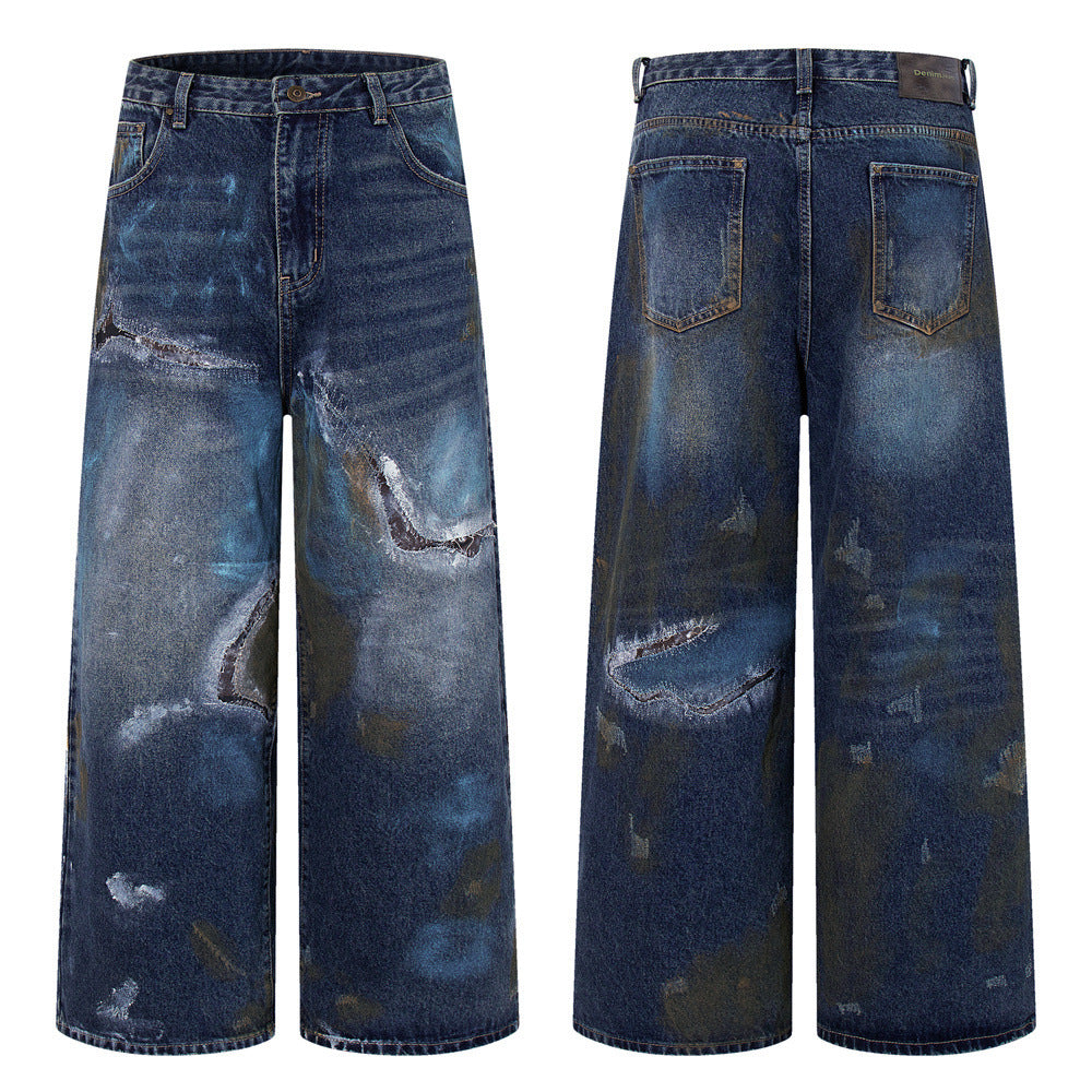 Distressed Patch Wide-Leg Jeans – Grunge Punk Washed Denim