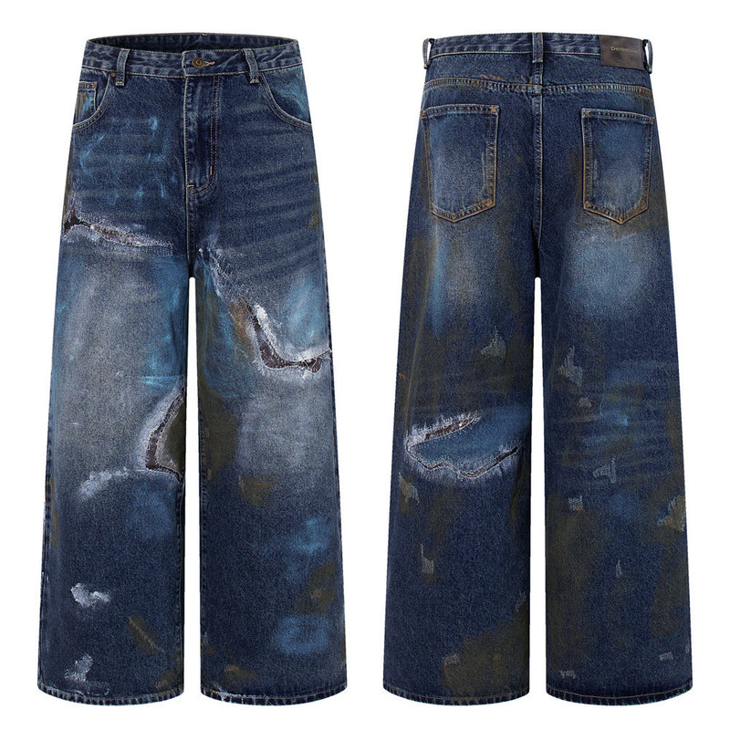 Distressed Patch Wide-Leg Jeans – Grunge Punk Washed Denim