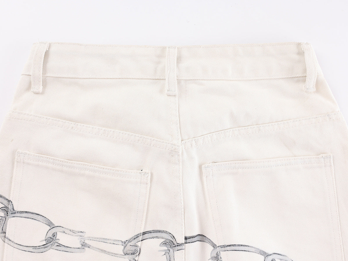 Pantalon baggy à jambes larges avec croix rouge usée et imprimé graphique chaîne