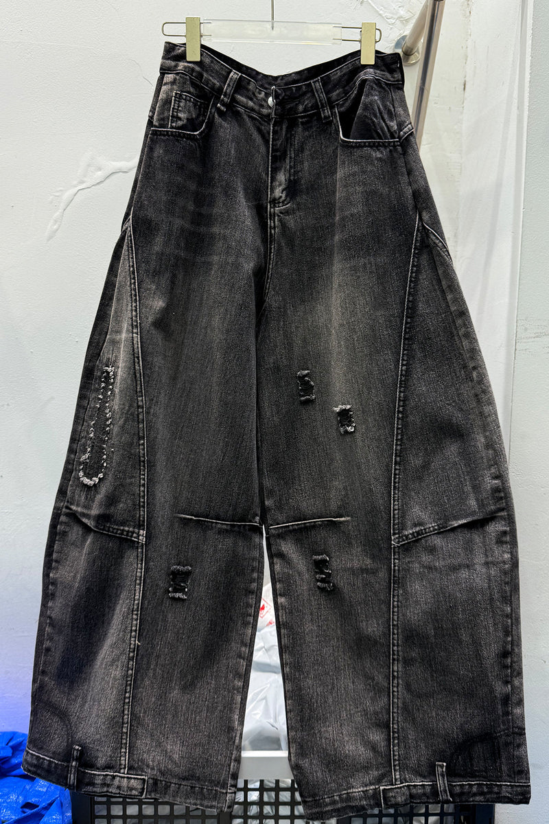 Jean baggy noir déchiré – Pantalon en denim délavé à jambe large