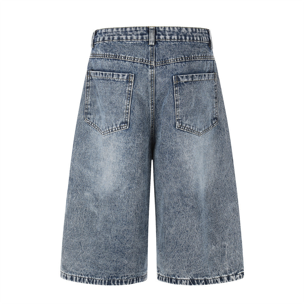 Cartoon Embroidered Wide-Leg Denim Shorts with Detachable Plaid Scarf Tie