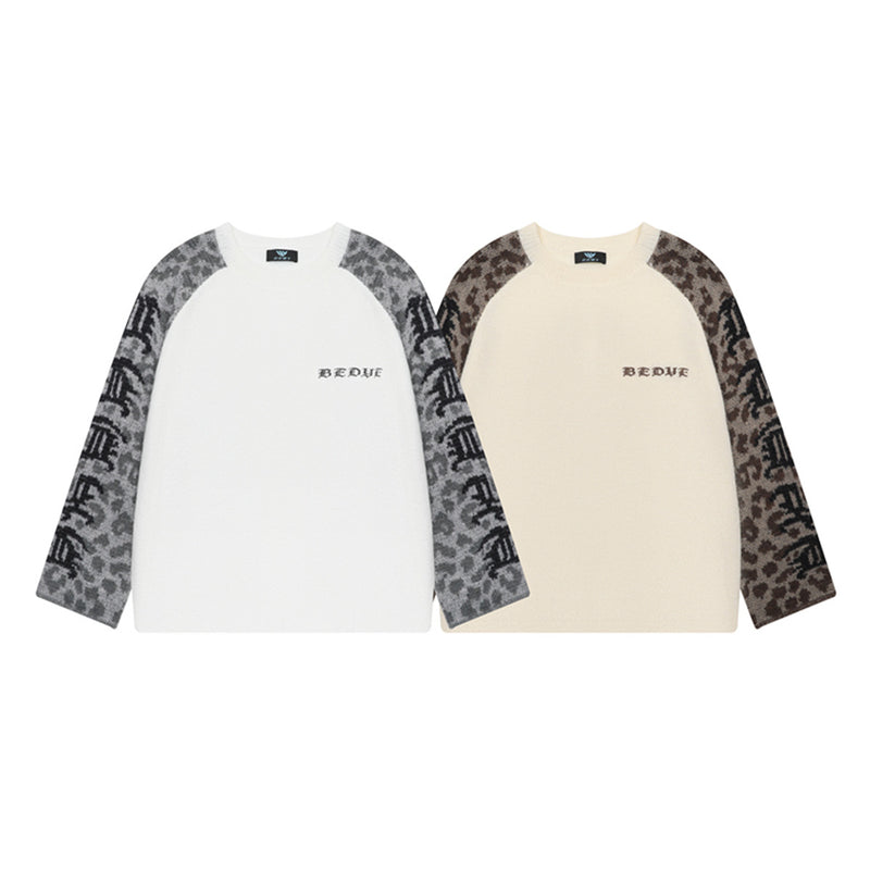 Leopard Print Raglan Knit Sweater – American Vintage Streetwear Crewneck