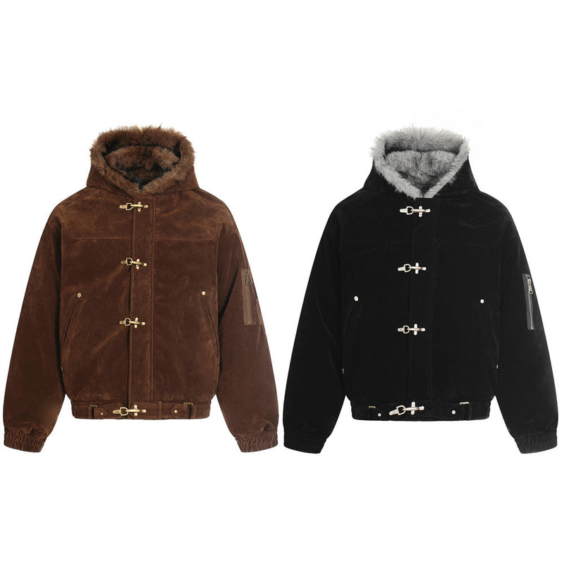 Faux Mink Fur-Trimmed Hooded Bomber Jacket with Toggle Clasps