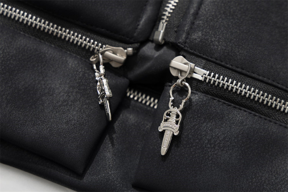 Black Punk PU Leather Hooded Jacket with Faux Fur Trim & Buckle Strap Sleeves