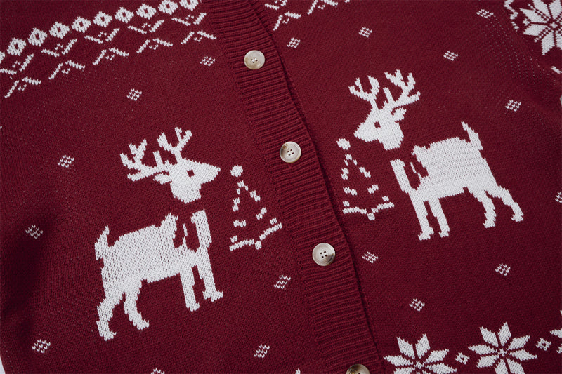 Christmas Reindeer Snowflake Knit Cardigan Sweater – Turtleneck Button-Front