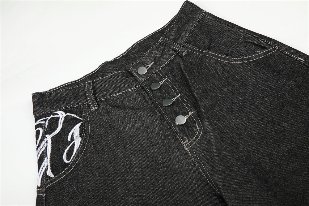 Men's Wide-Leg Jeans – Loose Fit Dark Black Denim with Back Script Embroidery &