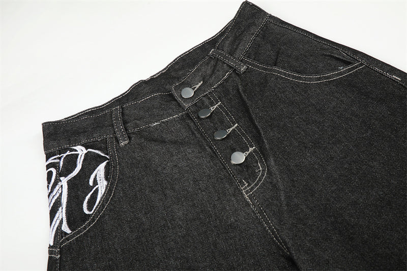 Men's Wide-Leg Jeans – Loose Fit Dark Black Denim with Back Script Embroidery &