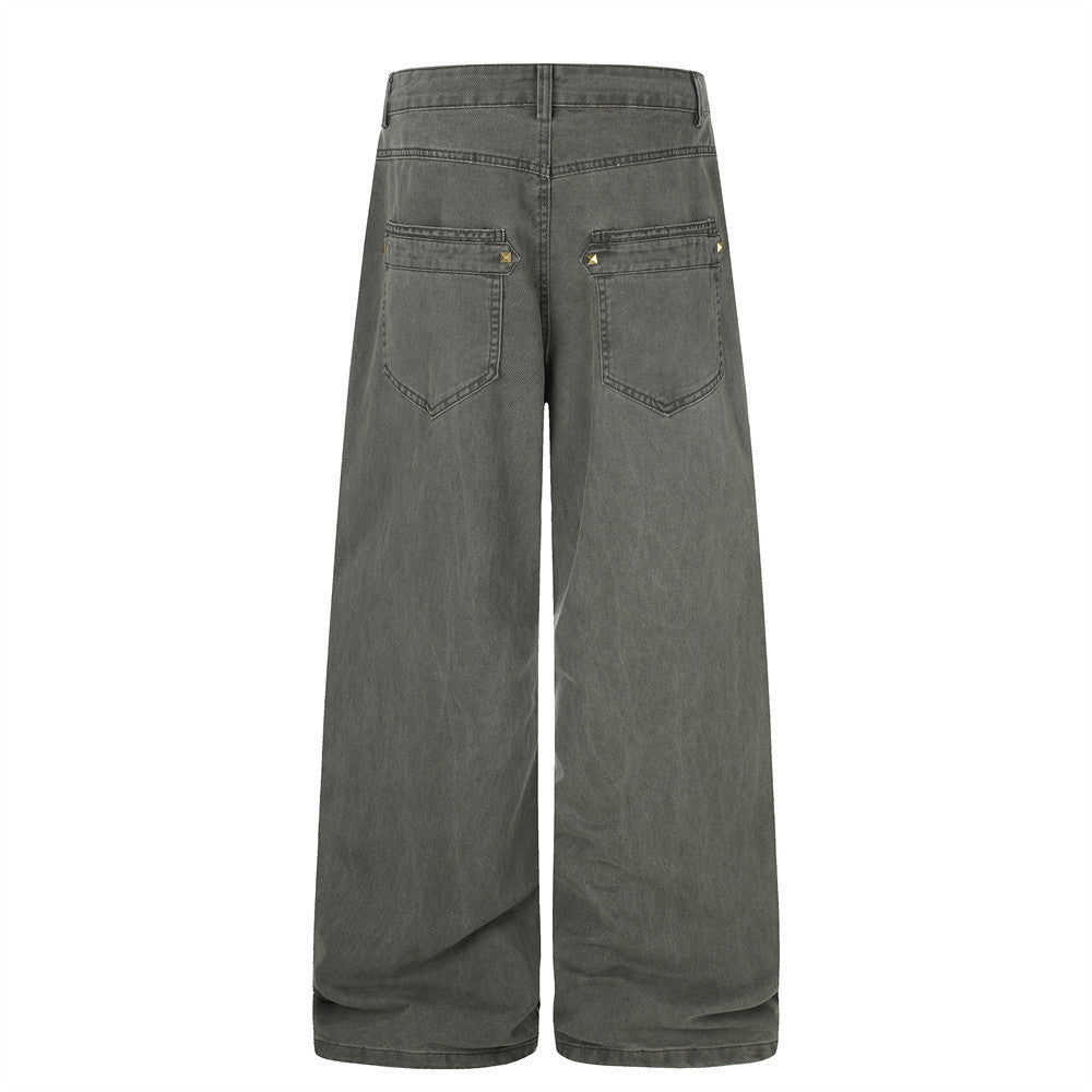 Wide-Leg Cargo Pants with Gold Pyramid Studs – Punk Workwear Straight-Cut