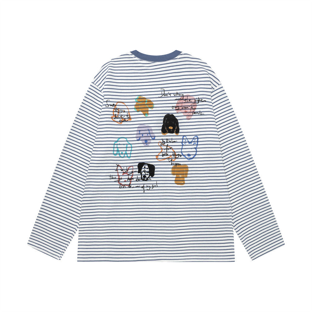 Camiseta de manga larga a rayas con estampado gráfico de perro, corte relajado