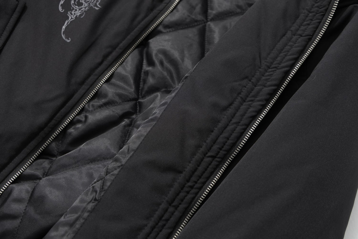 Men's Faux Fur Hood Bomber Jacket – Black Gothic Graphic Padded Coat