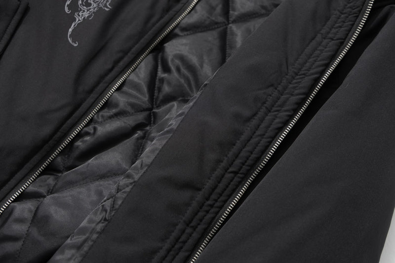 Men's Faux Fur Hood Bomber Jacket – Black Gothic Graphic Padded Coat