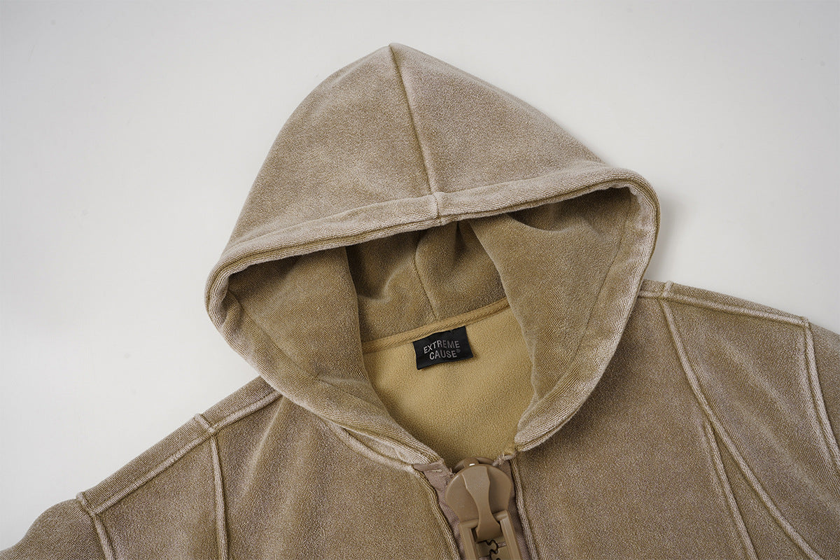 Oversized Acid Wash Zip-Up Hoodie – Heavyweight Fleece-Lined Men's Hooded Jacket