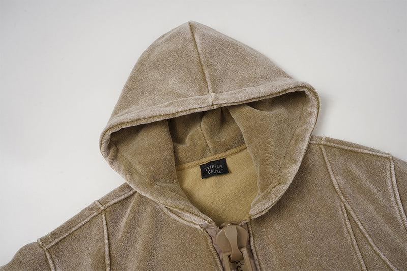 Oversized Acid Wash Zip-Up Hoodie – Heavyweight Fleece-Lined Men's Hooded Jacket