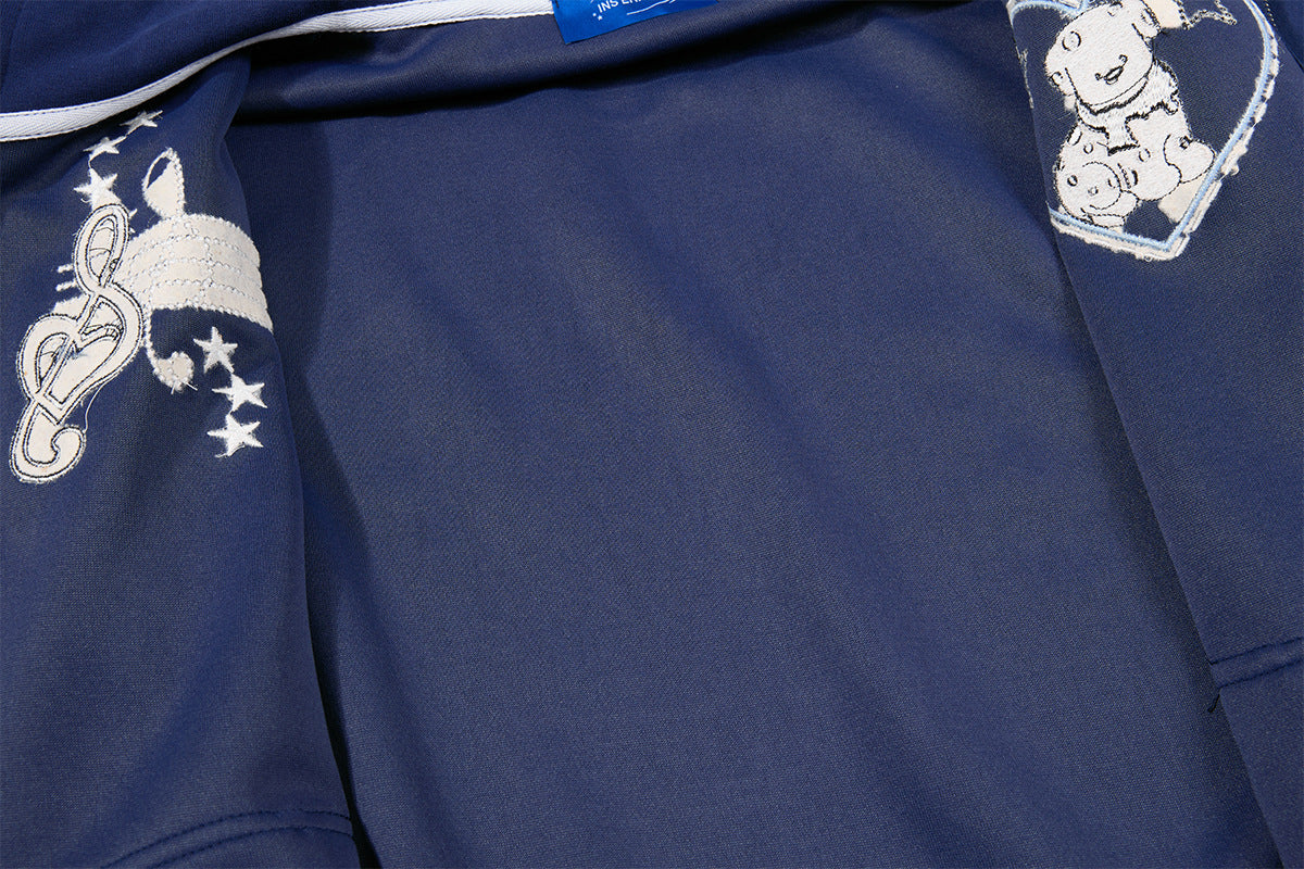 Sweat à capuche graphique bleu marine – Sweat cropped zippé avec écusson chien cartoon