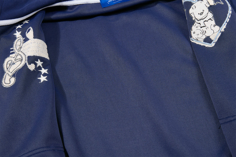 Sweat à capuche graphique bleu marine – Sweat cropped zippé avec écusson chien cartoon