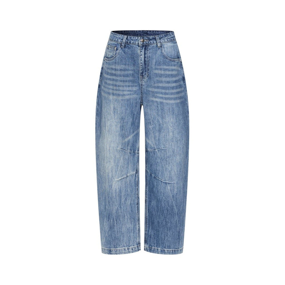 Wide-Leg Baggy Jeans – Washed Blue Curved Seam Design with Contrast Pocket