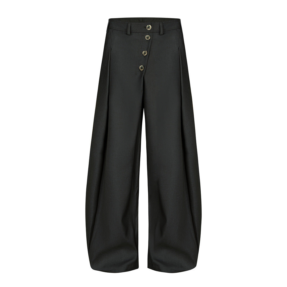 Wide-Leg Pleated Trousers – Diagonal Button Fly, Relaxed Silhouette