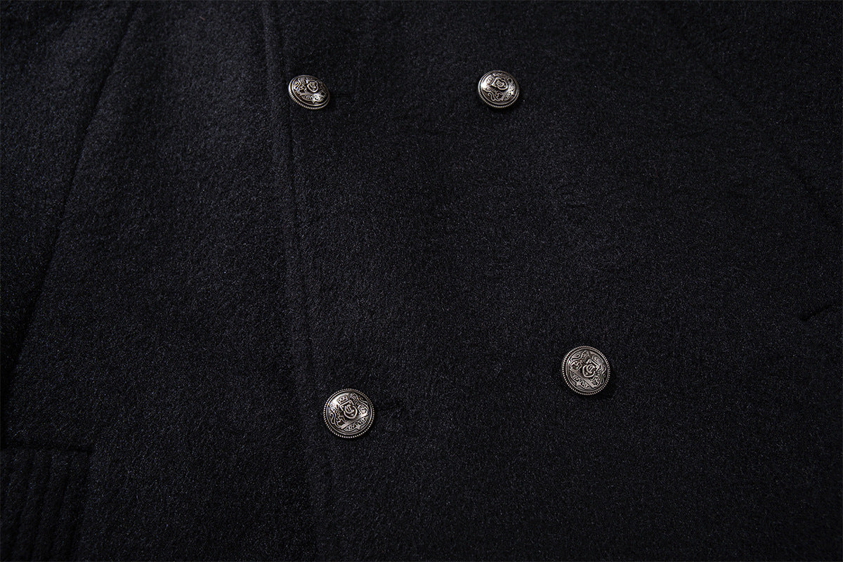 Men's Black Double-Breasted Military Wool Jacket with Stand Collar