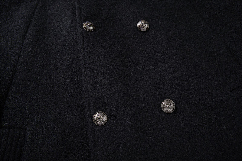 Men's Black Double-Breasted Military Wool Jacket with Stand Collar