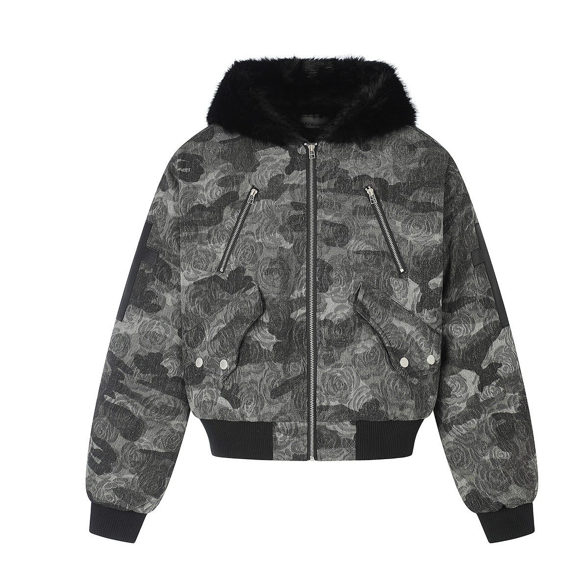 Rose Camo Hooded Bomber Jacket with Faux Fur Collar