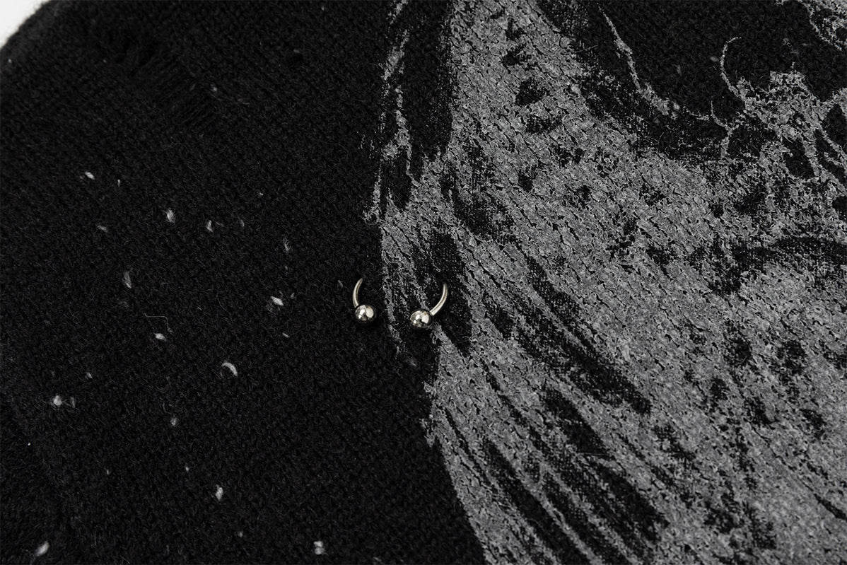 Dark Angel Wings Knit Zip-Up Hoodie – Distressed Black Sweater Hoodie