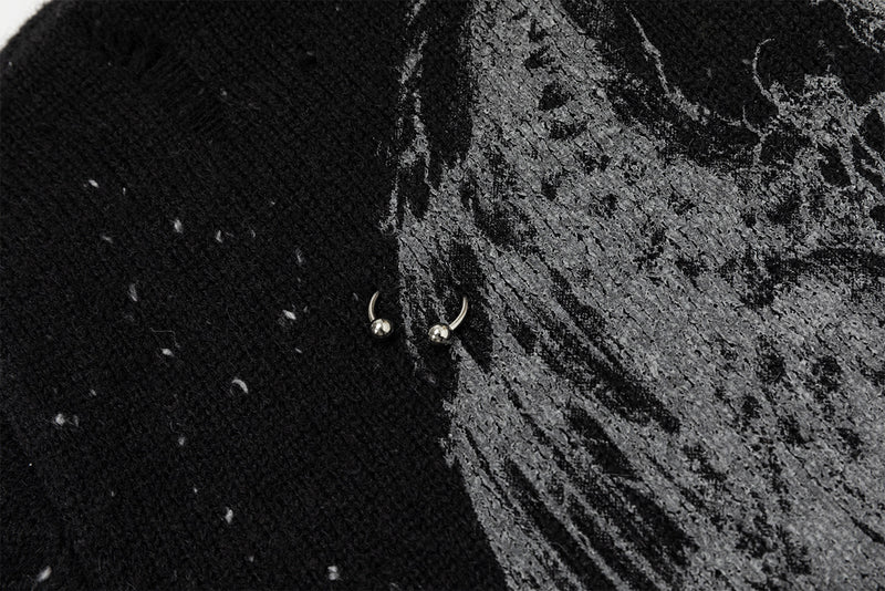 Dark Angel Wings Knit Zip-Up Hoodie – Distressed Black Sweater Hoodie