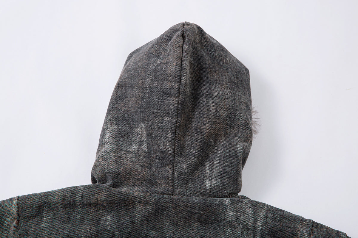 Washed Denim Bomber Jacket with Faux Fur Hood – Vintage American Style