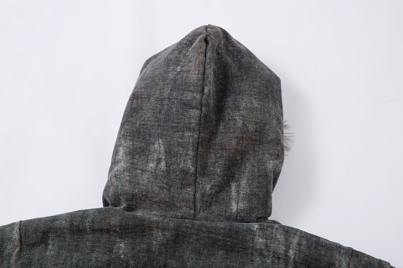 Washed Denim Bomber Jacket with Faux Fur Hood – Vintage American Style