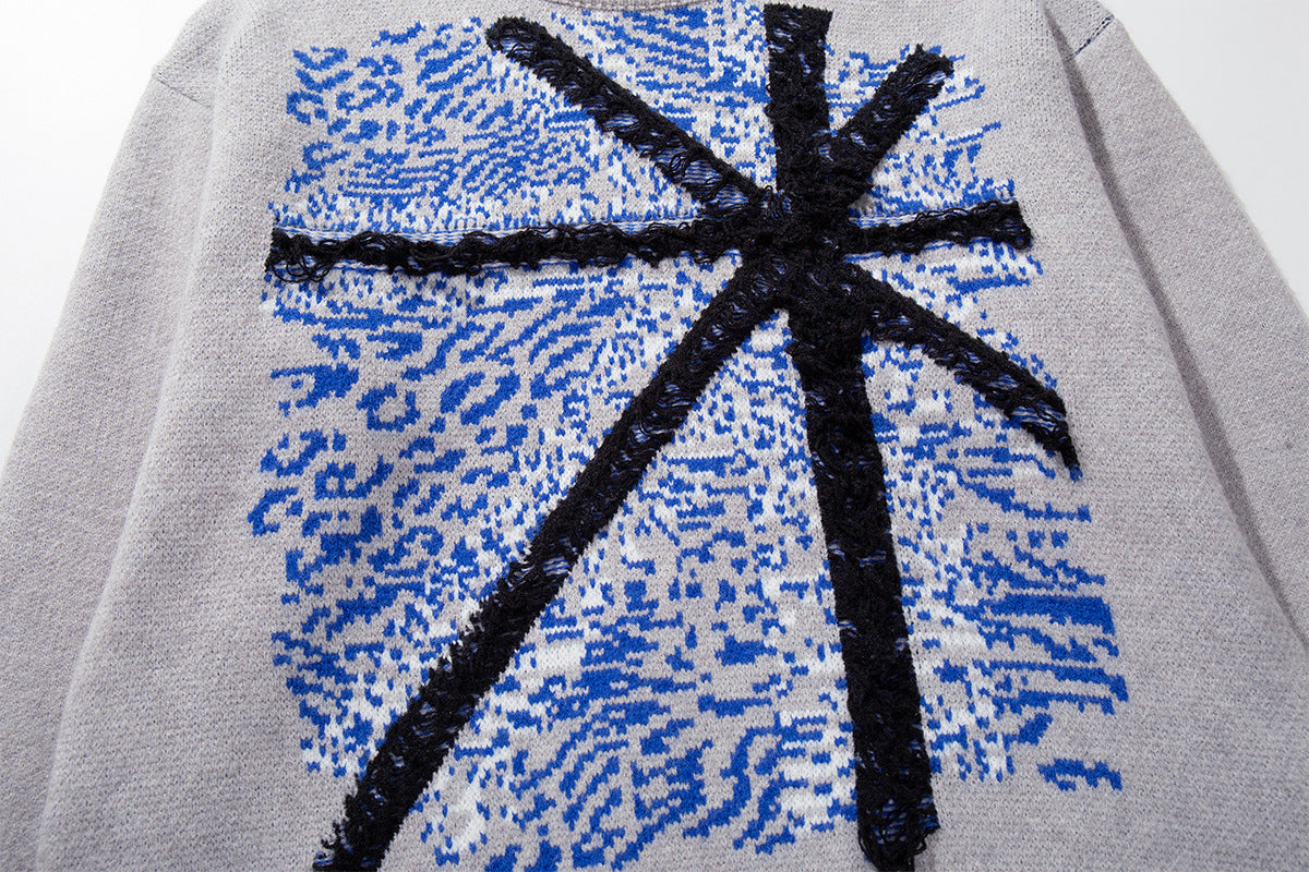 Union Jack Jacquard Knit Sweater – Oversized Crew Neck with Distressed Hem