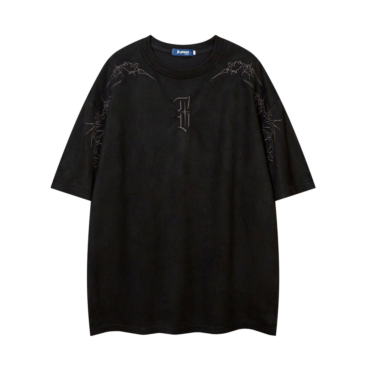 Men's Oversized Suede-Finish Thorn Embroidery Short Sleeve T-Shirt