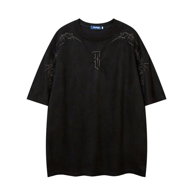 Men's Oversized Suede-Finish Thorn Embroidery Short Sleeve T-Shirt