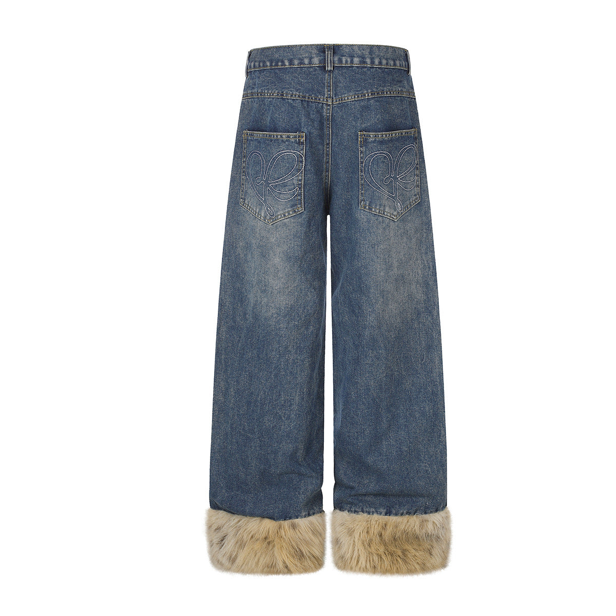 Baggy-Jeans mit weitem Bein, Pelzbesatz am Saum und goldfarbenen Nieten