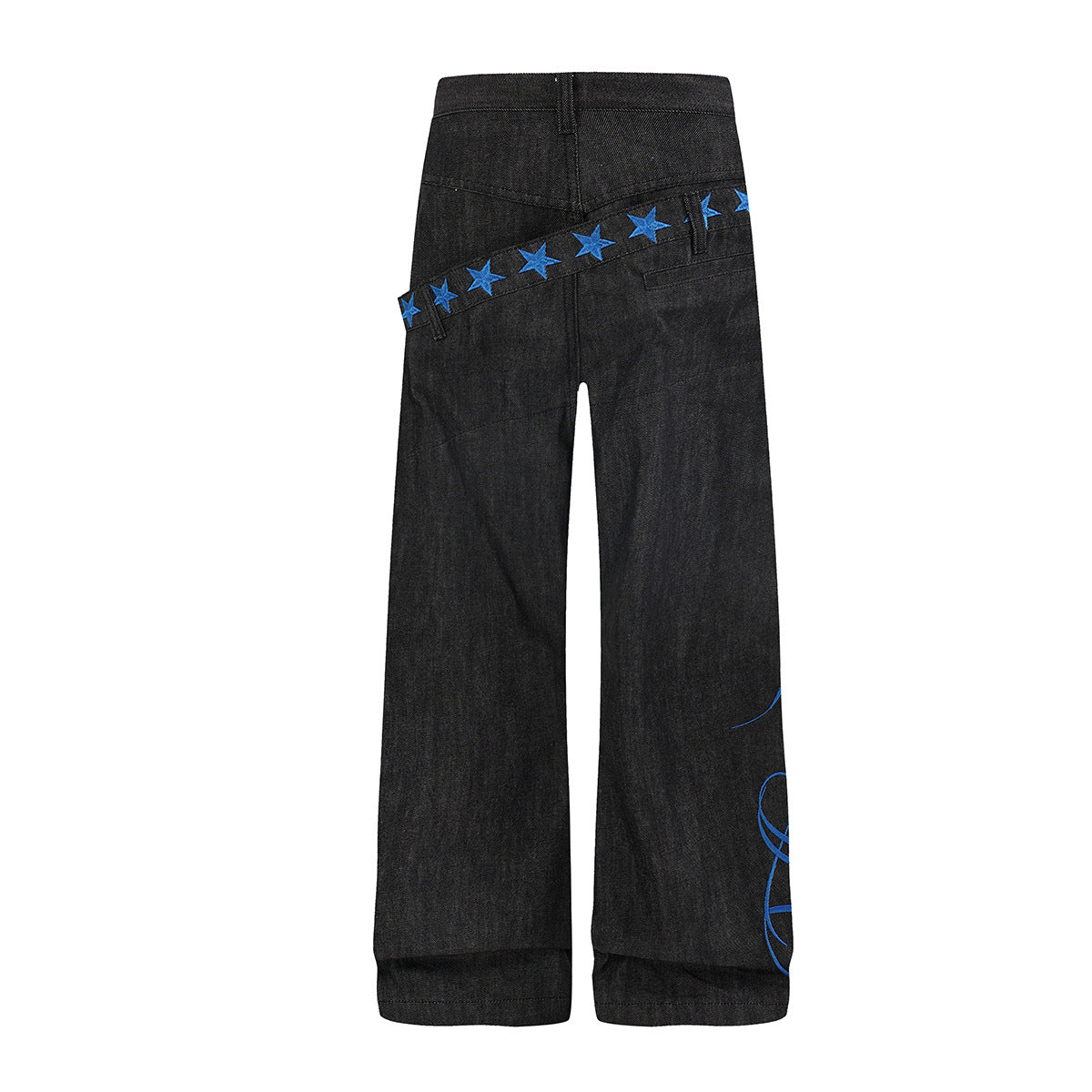 Wide Leg Jeans with Star Embroidery & Diagonal Waistband — Black Raw Denim