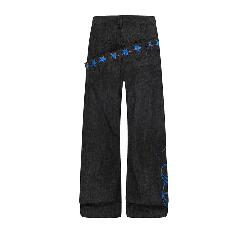 Wide Leg Jeans with Star Embroidery & Diagonal Waistband — Black Raw Denim