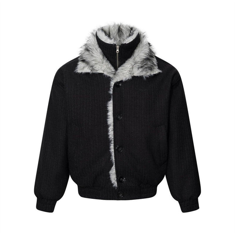 Men's Faux Fur Collar Double-Layer Knit Bomber Jacket