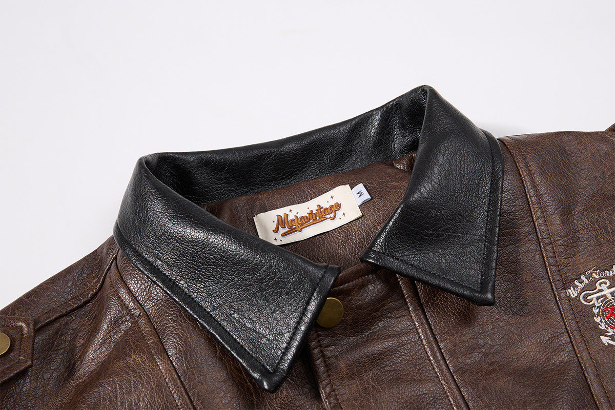 Oversized PU Leather Bomber Jacket – Vintage American Moto Style with Contrast
