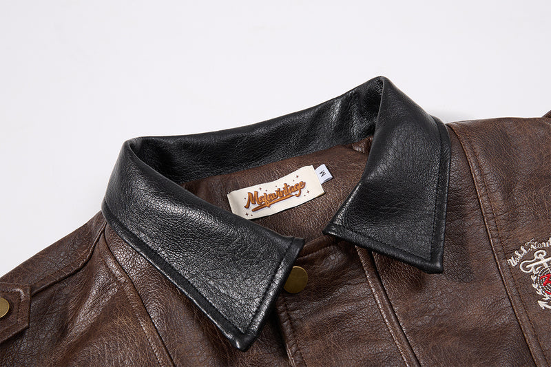 Oversized PU Leather Bomber Jacket – Vintage American Moto Style with Contrast