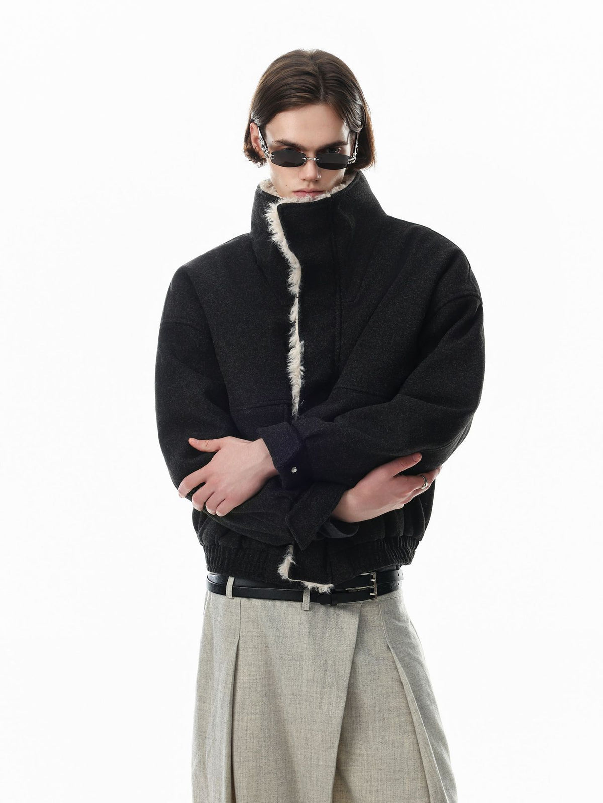 Wool-Blend Bomber Jacket with Sherpa Lining and Fleece Collar Trim