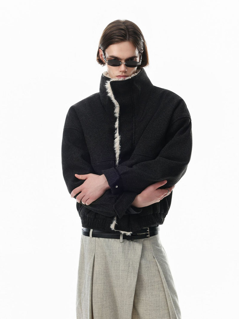 Wool-Blend Bomber Jacket with Sherpa Lining and Fleece Collar Trim