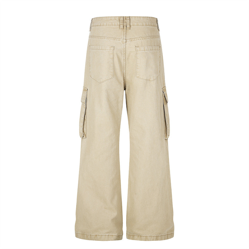 Beige wide-leg cargo pants back view with back patch pockets and side cargo pockets